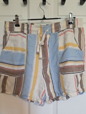 Time and Tru Striped Drawstring Shorts - Blue/Yellow/Brown